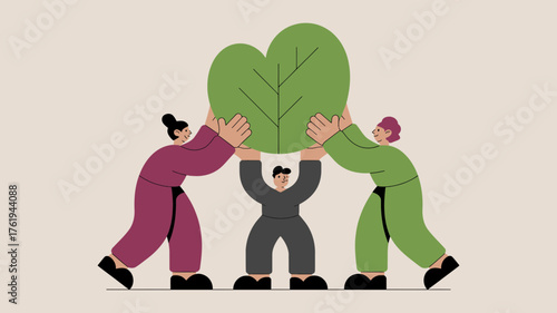 Diverse group of people working together to lift and support a large green abstract shape representing growth or a plant