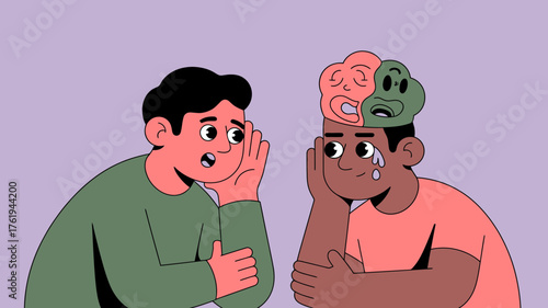 Person whispering secrets to another person whose head displays multiple emotions like happiness sadness and anger