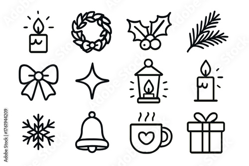 Christmas Candlelight outline icon set: glowing candle, wreath, holly leaves, pine branch, ribbon bow, star spark, lantern, wax candle, snowflake, bell, cozy mug, gift box. , ,