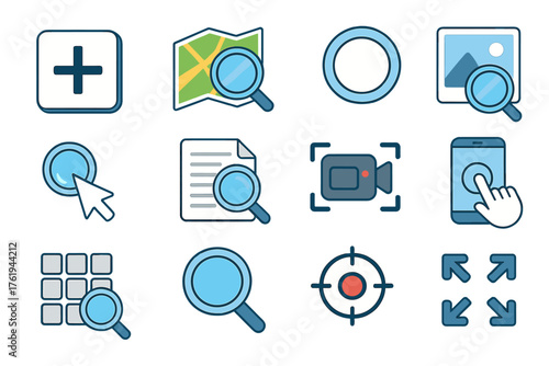 Digital Zoom In set icons in modern isometric flat vector style: plus sign in square, zoomed map, expanding circle, photo enlarge, cursor magnifying, zoomed document, video camera