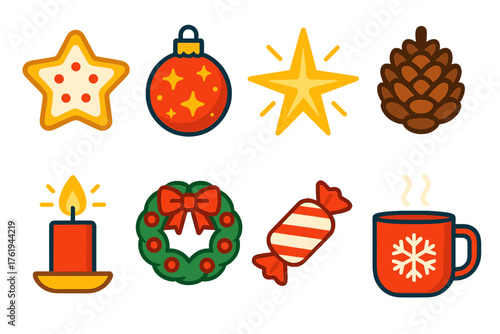 Holiday Charm flat icons: frosted cookie, glittering ornament, shining star, pinecone, glowing candlelight, festive wreath, striped candy, cozy mug.