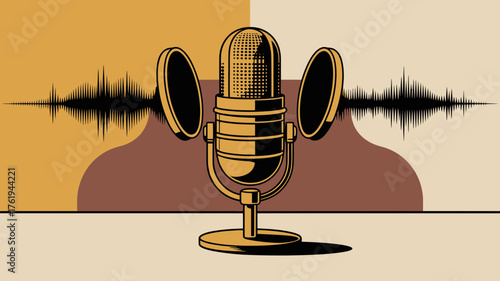 Retro vintage microphone with sound wave graphic and abstract background representing audio recording and broadcasting concepts