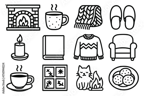 Winter Cozy Indoors outline icon set: fireplace, hot cocoa mug, knitted blanket, slippers, candle, book, wool sweater, armchair, steaming tea, window frost, cat by fire, cookies