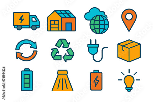Smart Logistics flat icons: electric truck, warehouse, cloud, globe, map pin, arrow loop, solar roof, recycling sign, plug, box, battery, light beam. , , High resolution, sharp