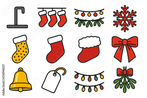 Christmas Stocking Decorative — Bright Flat Vector silhouette set: mantle hook, stocking row, hanging garland, embroidered snowflake, sequined stocking, velvet stocking, fur trim,