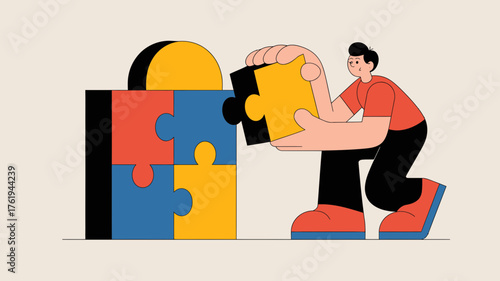 Person assembling a large colorful puzzle with interlocking pieces representing teamwork and problem solving