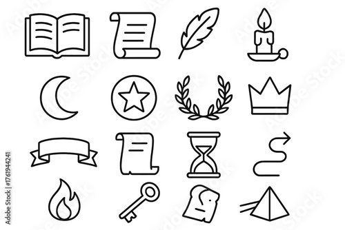 Epilogue outline icon set: open book, scroll, quill, feather, candle, moon, star, laurel wreath, crown, ribbon, parchment, hourglass, path arrow, flame, key, prism.