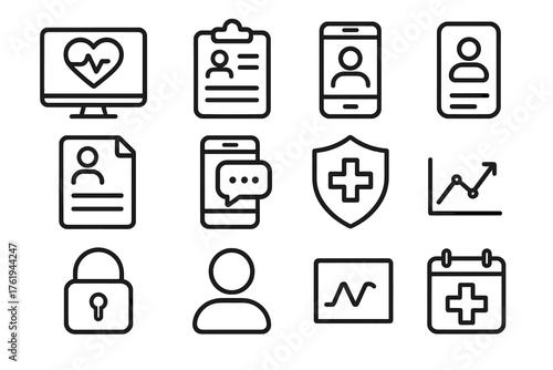 Patient Portals outline icon set: monitor, heart icon, clipboard, document, smartphone, chat, shield, lock, user symbol, data graph, calendar, medical cross. , , High resolution,