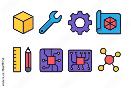Prototyping flat icons: 3D cube, wrench, gear, blueprint, ruler, pencil, circuit board, model.