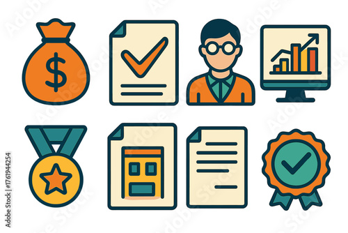 Research Funding flat icons: money bag, grant document, scientist icon, data chart, award medal, contract file, funding application, checkmark badge.