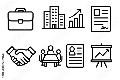 Business Profile outline icon set: briefcase, office building, bar chart, contract document, handshake, meeting table, resume sheet, presentation board.
