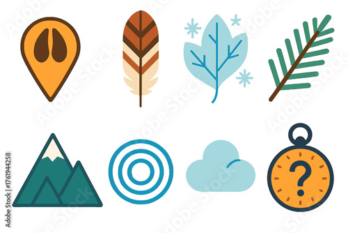 Seasonal Riddles Nature Clues flat icons: deer track marker, owl feather, frozen leaf, pine twig, mountain outline, river ripple, cloud puff, compass question.