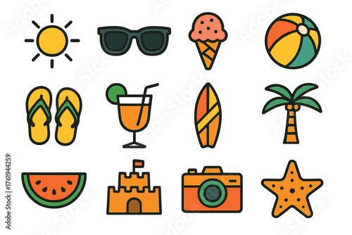 Summer Quiz Party — Bright Flat Icons outline icon set: sun, sunglasses, ice cream cone, beach ball, flip flops, cocktail glass, surfboard, palm tree, watermelon slice, sandcastle,