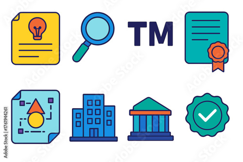 Patents & Trademarks flat icons: patent form, magnifying glass, trademark ™, legal document, design sketch, document seal, office building, approval badge.