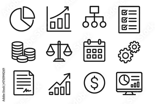 Resource allocation outline icon set: pie chart, bar chart, flowchart, checklist, coin stack, balance scales, calendar, gears, contract sheet, upward arrow, dollar sign, dashboard