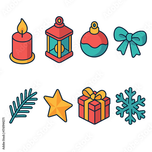 Festive Ambience flat isometric set: candle, lantern, ornament, ribbon, pine branch, star, gift box, snowflake.