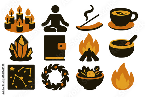 Winter Solstice Peace Rituals — Warm Flat Icons silhouette set: candle circle, meditation pose, incense stick, herbal tea, crystal stone, journal, bonfire, singing bowl, star map,