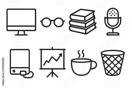 Home Office outline icon set: monitor, glasses, book pile, microphone, external drive, chart, cup of tea, wastebasket.