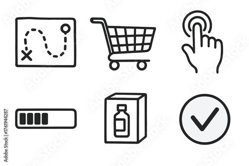 User Journey set of icons in doodle hand-drawn vector style: map path, shopping cart, touch gesture, progress bar, product icon, confirmation checkmark.