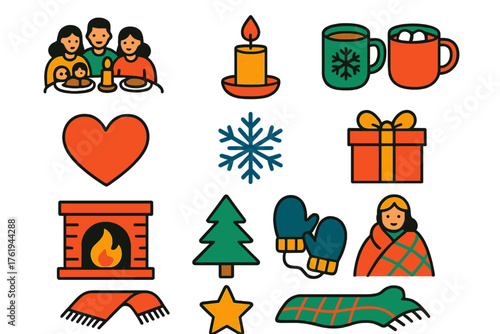 Winter Holidays Togetherness flat icons: family dinner, candlelight, cocoa mugs, heart, snowflake, gift, fireplace, pine tree, mittens, scarf, star, cozy blanket. , , High