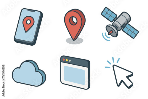 Digital locator set icons in modern isometric flat vector style: smartphone, GPS marker, satellite, cloud, app window, cursor.
