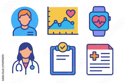 Chronic Care Management flat icons: patient profile, health data graph, smartwatch, doctor icon, daily check-in, treatment notes. , , High resolution, sharp vector-like appearance,