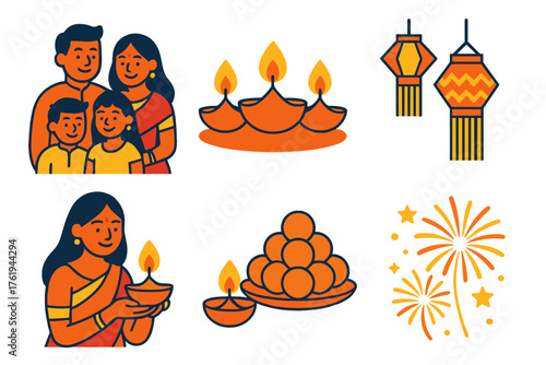 Diwali Joyful Gathering flat icons: family celebration, diya arrangement, bright lanterns, smiling faces, sweet platter, fireworks glow. , , High resolution, sharp vector-like