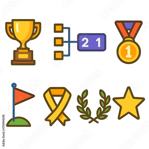 Tournaments flat icons: gold cup, bracket, scoreboard, medal, flag, ribbon, laurel wreath, star.