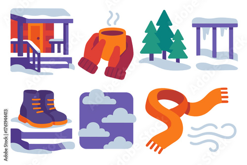 Winter Mornings Outdoor Chill flat icons: snow-covered porch, mittens holding mug, pine trees, icy railing, boots on steps, cloudy sky, scarf fluttering, light breeze.