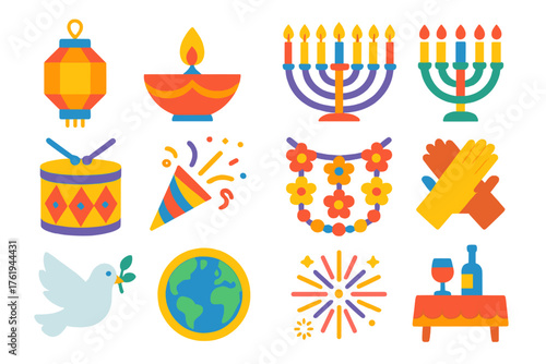 Festive Mood Global — Vibrant Flat Vector flat icons: lantern, diya lamp, menorah, kinara, drum, confetti, flower garland, unity hands, peace dove, glowing globe, fireworks,