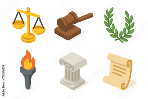Justice symbols set icons in modern isometric flat vector style: balance scale, gavel, laurel wreath, torch, column, scroll.