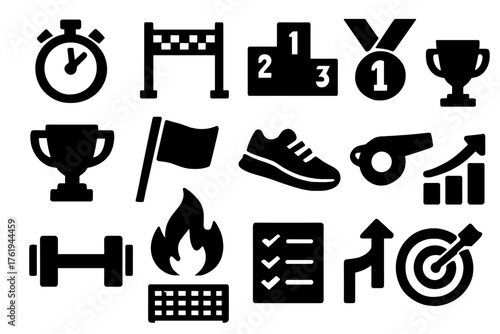 Performance Benchmark silhouette set: stopwatch, finish line, podium, medal, trophy, flag, running shoe, whistle, dumbbell, flame, upward arrow, bar chart, path arrow, goal net,