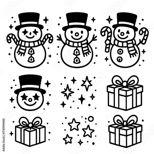 Christmas Snowman Whimsical Style outline icon set: top hat snowman, candy cane arms, striped scarf, star eyes, bell buttons, glowing smile, gift box, sparkling snow.