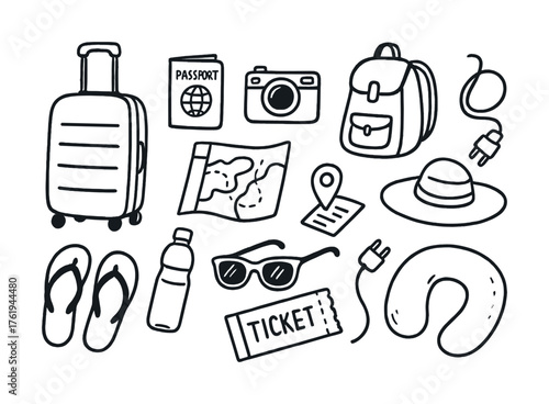 Hand-drawn travel essentials: passport, map, luggage, camera, ticket, sunglasses, backpack