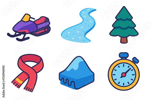 Winter Rush flat isometric set: snowmobile, icy trail, pine tree, scarf, frozen hill, stopwatch.