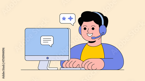 Friendly customer service representative wearing headset and smiling while working on computer with chat bubbles symbolizing communication and support
