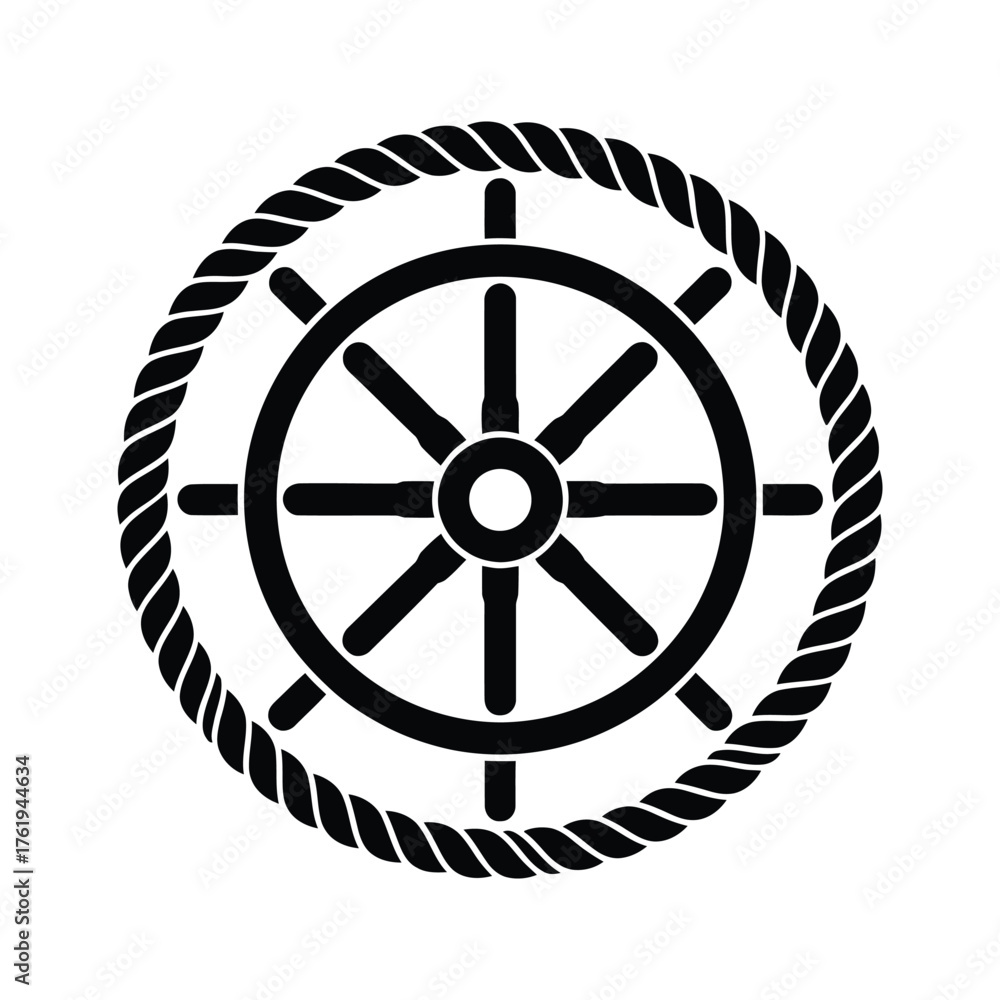 Fototapeta premium Classic nautical ship steering wheel surrounded by thick rope