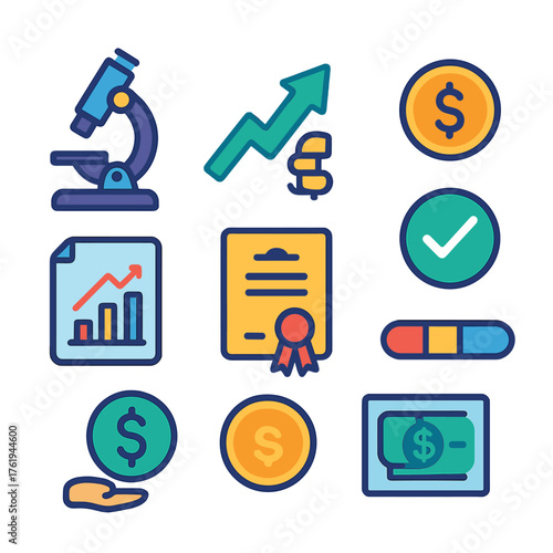 Scientific Investment flat icons: microscope, growth arrow, cash symbol, approval stamp, report file, grant certificate, funding icon, progress bar.