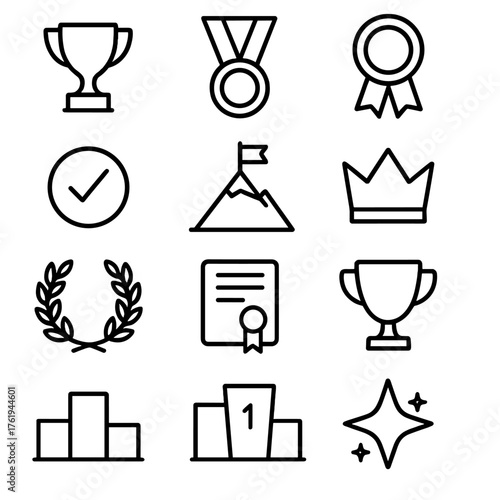 Achievement Basics outline icon set: trophy, medal, ribbon award, star badge, checkmark in circle, flag on mountain, crown, laurel wreath, certificate, gold cup, winner podium,