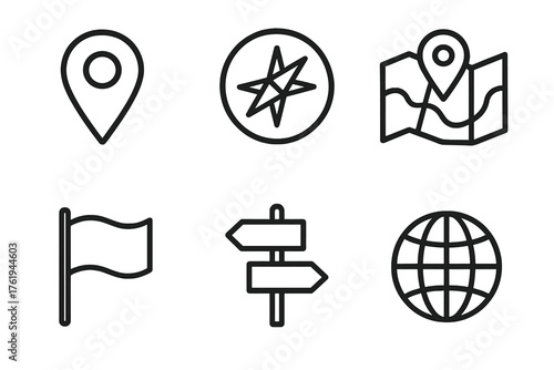 Map point outline icon set: location pin, compass, map, flag, road sign, globe.