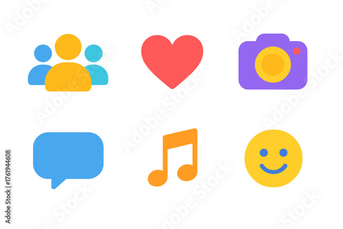 Social profiles flat icons: people group, heart, camera, comment bubble, music note, smiley face.