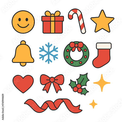 Christmas Joy flat icons: smiling face, gift box, candy cane, star, bell, snowflake, wreath, stocking, heart, ribbon, holly branch, sparkle. , , High resolution, sharp vector-like