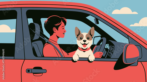 Joyful dog with owner in car window enjoying a scenic road trip adventure on a sunny day