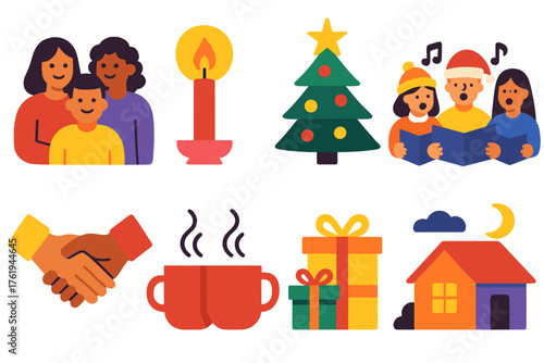 Christmas Harmony flat icons: people gathered, candlelight glow, star on tree, singing carols, hands joined, steaming cups, wrapped presents, peaceful home. , , High resolution,