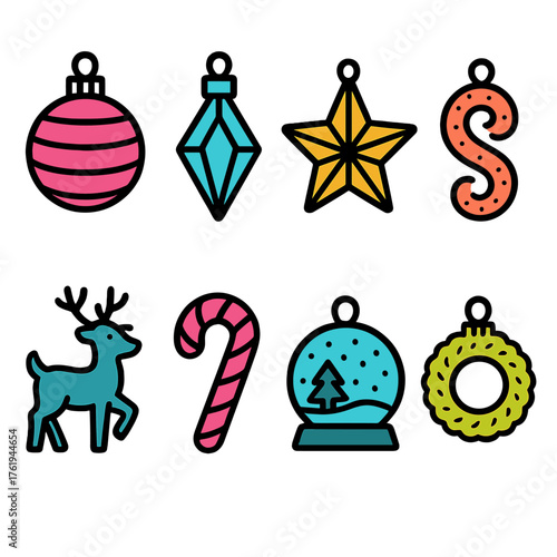 Festive Ornaments — colorful duotone set outline icon set: striped bauble, crystal drop, golden star, glitter swirl, reindeer shape, candy cane, snow globe, tinsel ring.