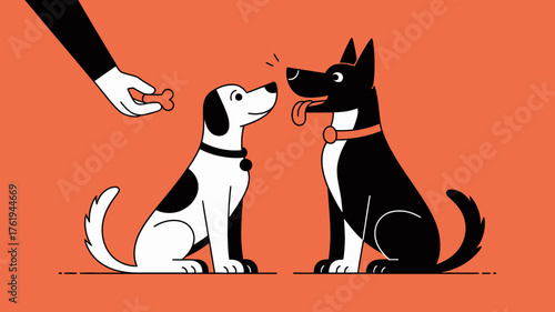 Two dogs sitting attentively one black and white the other mostly black eagerly awaiting a treat from a human hand