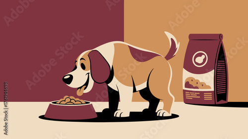 Happy cartoon beagle dog eagerly eating from a food bowl next to a bag of kibble in a stylized illustration