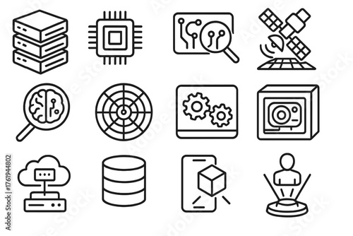 Deep Dive Technology outline icon set: server layers, chip detail, magnified circuit, AI brain zoom, satellite scanning, radar grid, gears inside box, cross-section of device,