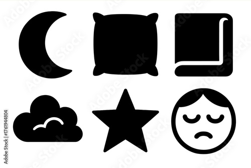 Night dreamer silhouette set: crescent moon, pillow, blanket, cloud, star, sleeping face.