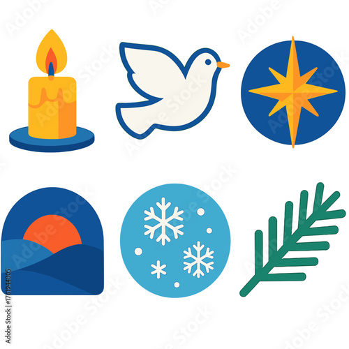 Christmas Peace flat icons: lit candle, white dove, star of Bethlehem, calm landscape, evergreen branch, gentle snowflakes. , , High resolution, sharp vector-like appearance, ideal